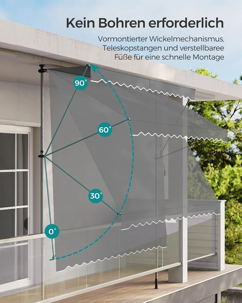 SONGMICS Klemmmarkise, höhenverstellbar, mit Handkurbel, 350 x 120 cm 350W cm Anthrazit, 350W cm Ant