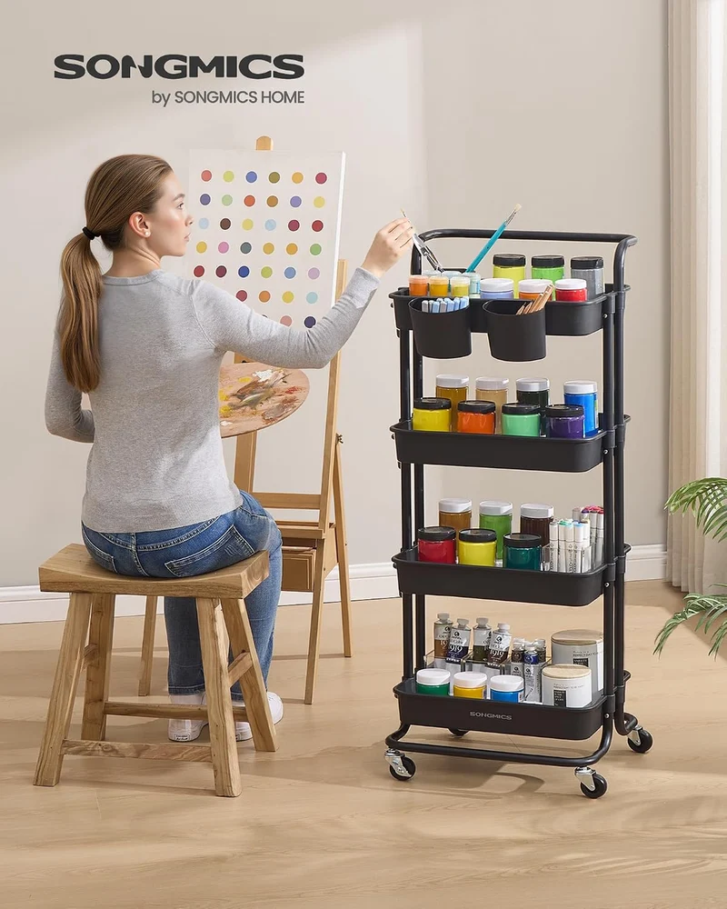 SONGMICS Rollwagen, 4 Ebenen, Küchenwagen mit Griff, einfacher Aufbau 4 Levels Schwarz, 4 Levels Sch