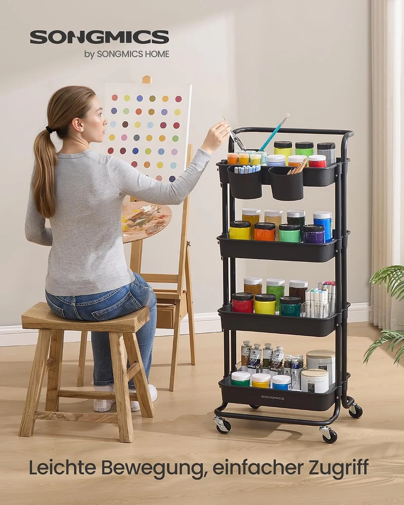 SONGMICS Rollwagen, 4 Ebenen, Küchenwagen mit Griff, einfacher Aufbau 4 Levels Schwarz, 4 Levels Sch