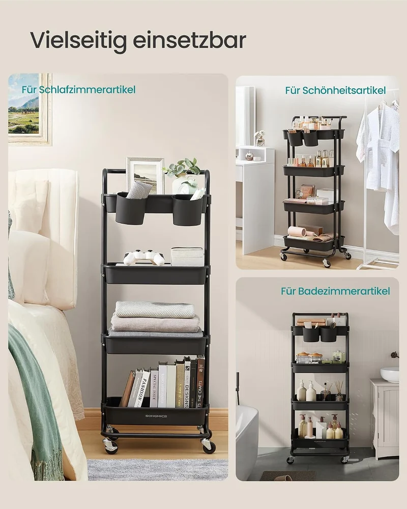 SONGMICS Rollwagen, 4 Ebenen, Küchenwagen mit Griff, einfacher Aufbau 4 Levels Schwarz, 4 Levels Sch