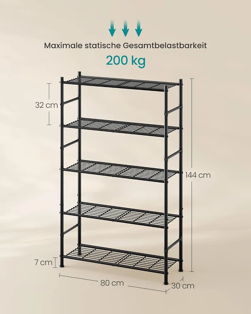 SONGMICS Kellerregal aus Stahl mit 5 Ebenen, bis 200 kg, 80 x 30 x 144 cm 5 Ebenen (30 x 80 cm), 5 E