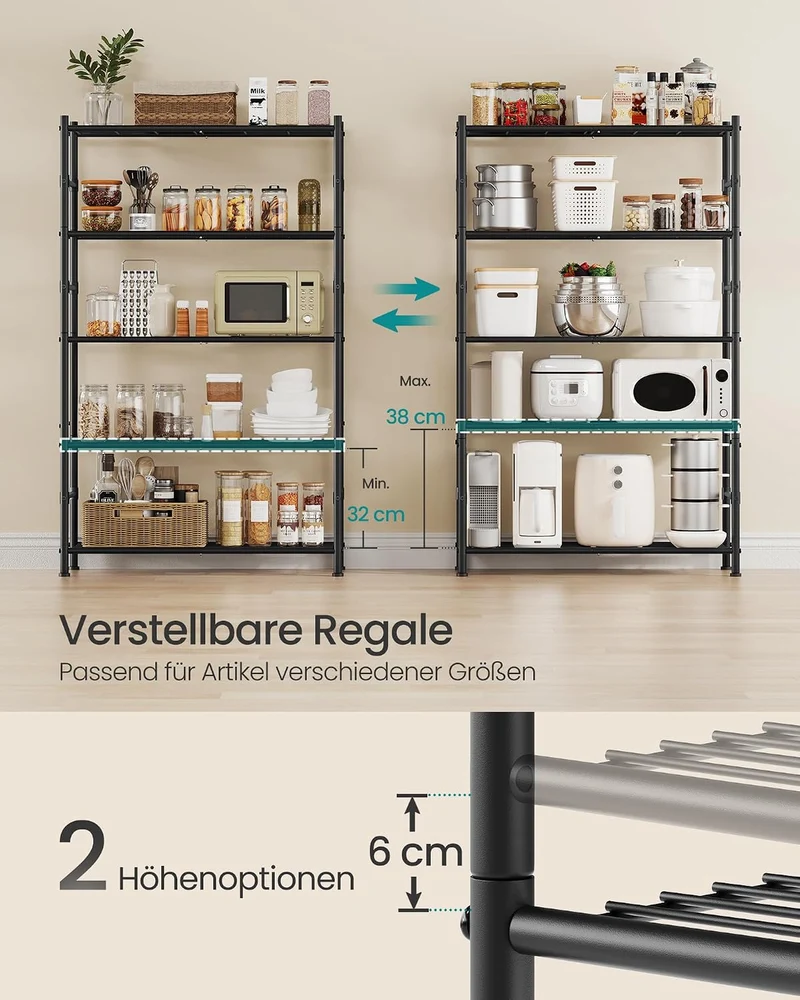 SONGMICS Kellerregal aus Stahl mit 5 Ebenen, bis 200 kg, 80 x 30 x 144 cm 5 Ebenen (30 x 80 cm), 5 E