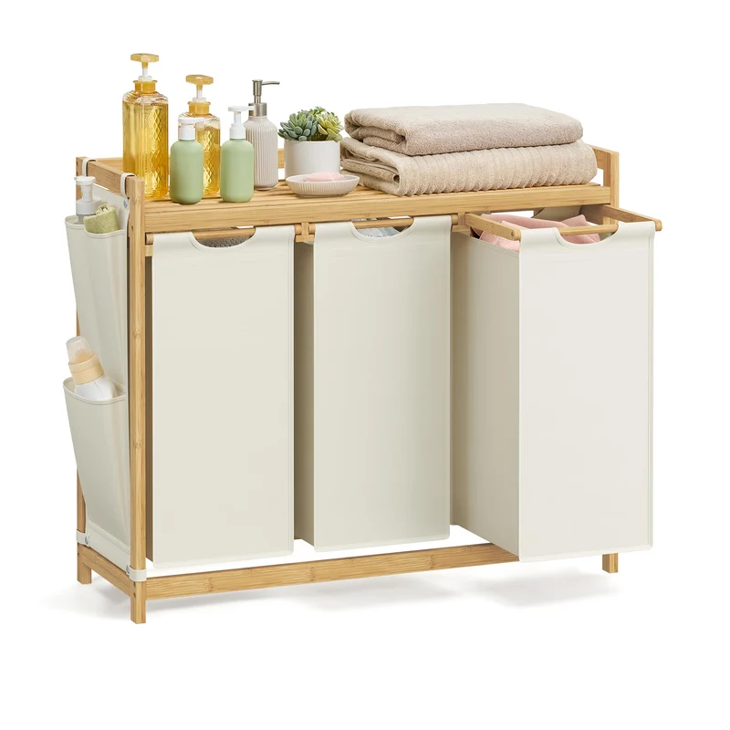 SONGMICS Wäschekorb 3 Fächer, Bambus, 150 L, mit Ablage Cremeweiss 150 L (1 Eben + 3 Fächer), Cremew