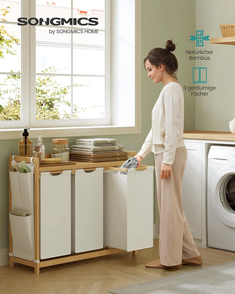 SONGMICS Wäschekorb 3 Fächer, Bambus, 150 L, mit Ablage Cremeweiss 150 L (1 Eben + 3 Fächer), Cremew