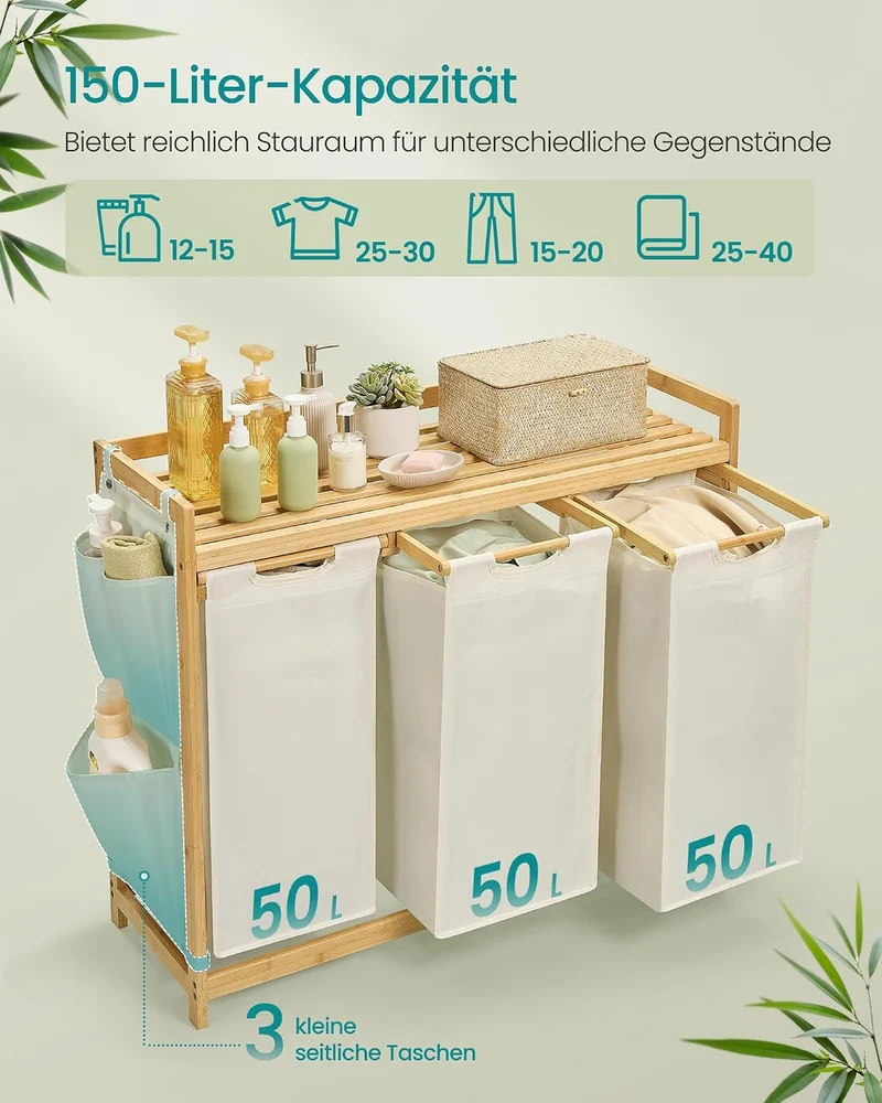 SONGMICS Wäschekorb 3 Fächer, Bambus, 150 L, mit Ablage Cremeweiss 150 L (1 Eben + 3 Fächer), Cremew