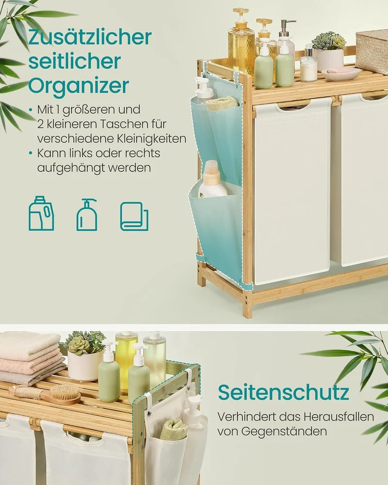 SONGMICS Wäschekorb 3 Fächer, Bambus, 150 L, mit Ablage Cremeweiss 150 L (1 Eben + 3 Fächer), Cremew
