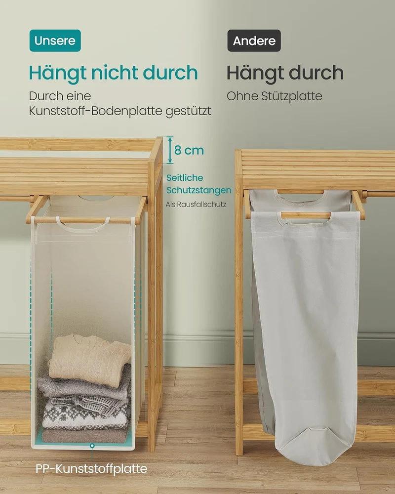 SONGMICS Wäschekorb 3 Fächer, Bambus, 150 L, mit Ablage Cremeweiss 150 L (1 Eben + 3 Fächer), Cremew