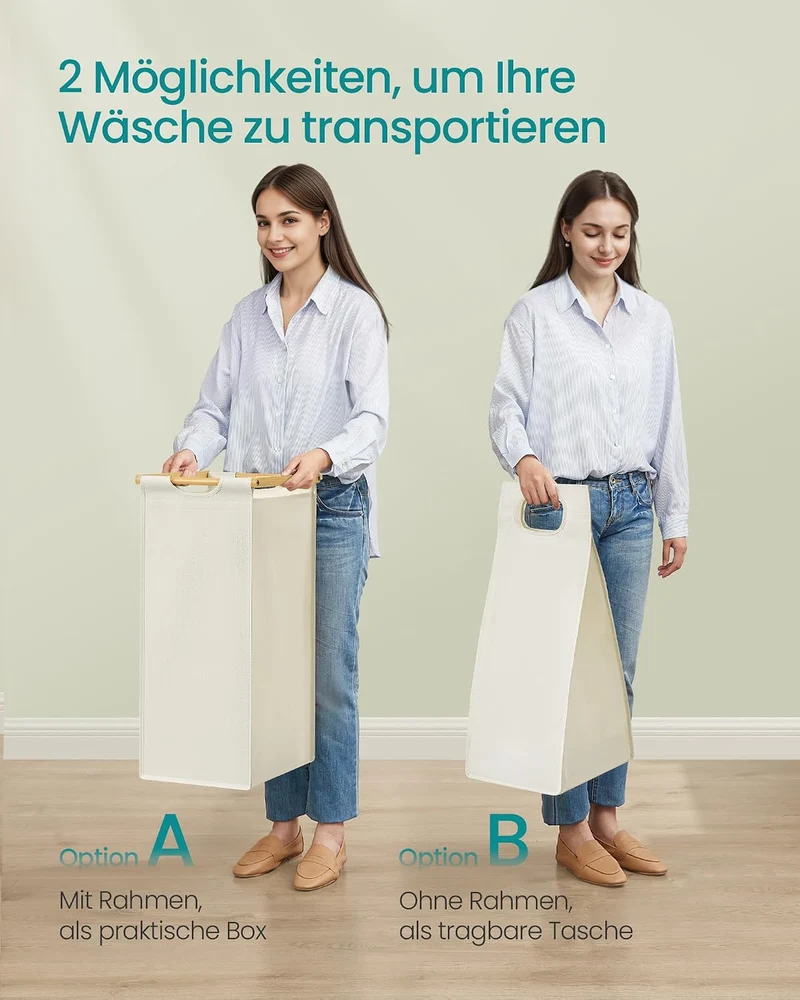 SONGMICS Wäschekorb 3 Fächer, Bambus, 150 L, mit Ablage Cremeweiss 150 L (1 Eben + 3 Fächer), Cremew