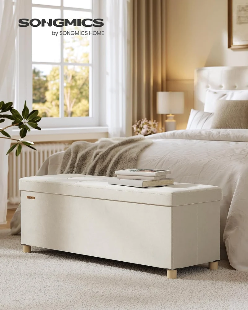SONGMICS Sitzbank mit Stauraum, Hocker faltbar, 112 L, 38 x 110 x 40 cm Cremeweiss 38T x 110B x 40H