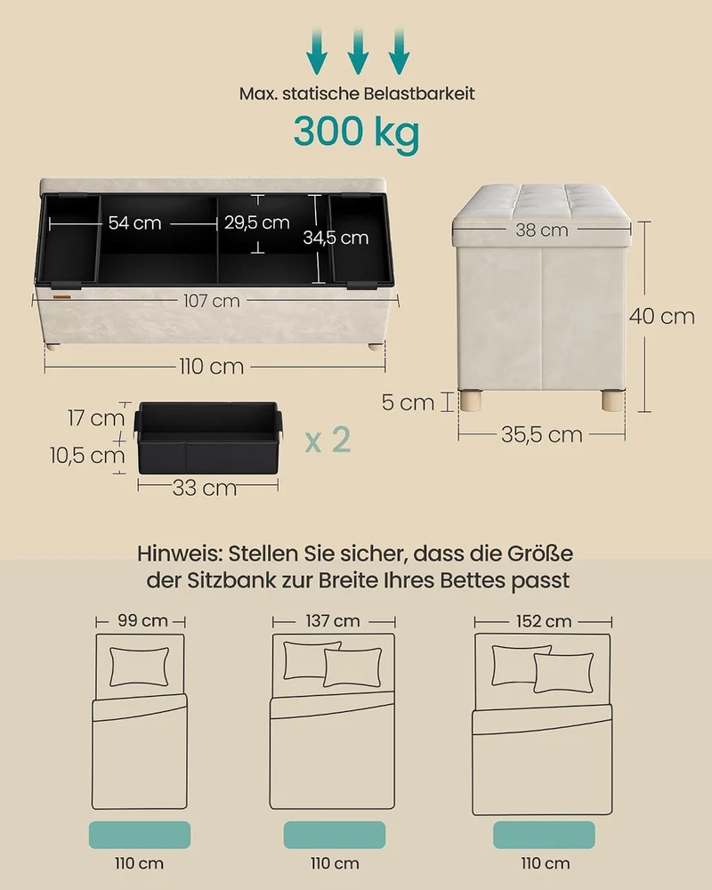 SONGMICS Sitzbank mit Stauraum, Hocker faltbar, 112 L, 38 x 110 x 40 cm Cremeweiss 38T x 110B x 40H
