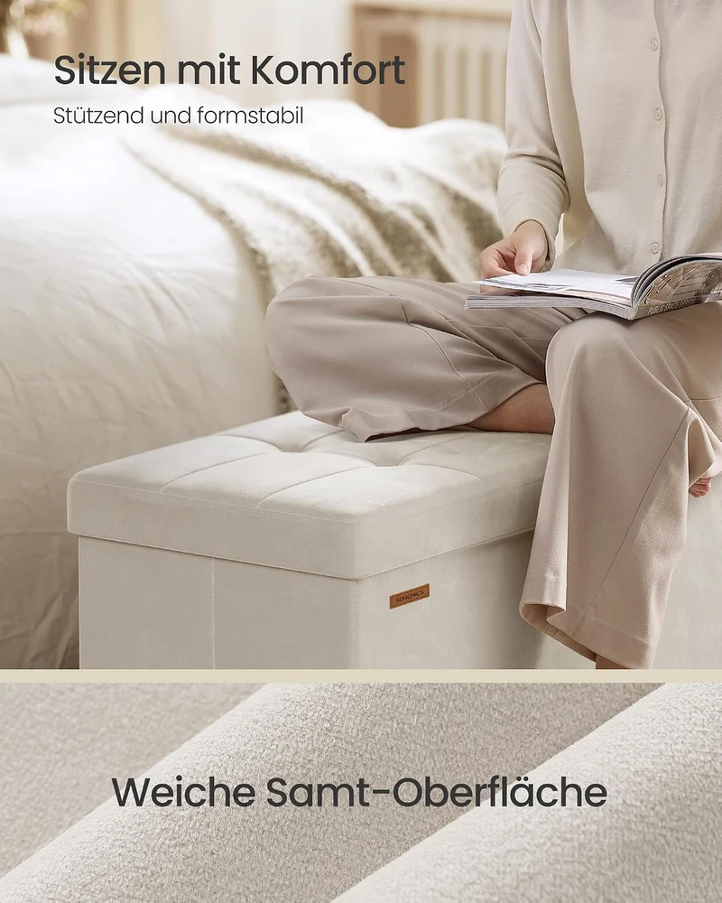 SONGMICS Sitzbank mit Stauraum, Hocker faltbar, 112 L, 38 x 110 x 40 cm Cremeweiss 38T x 110B x 40H