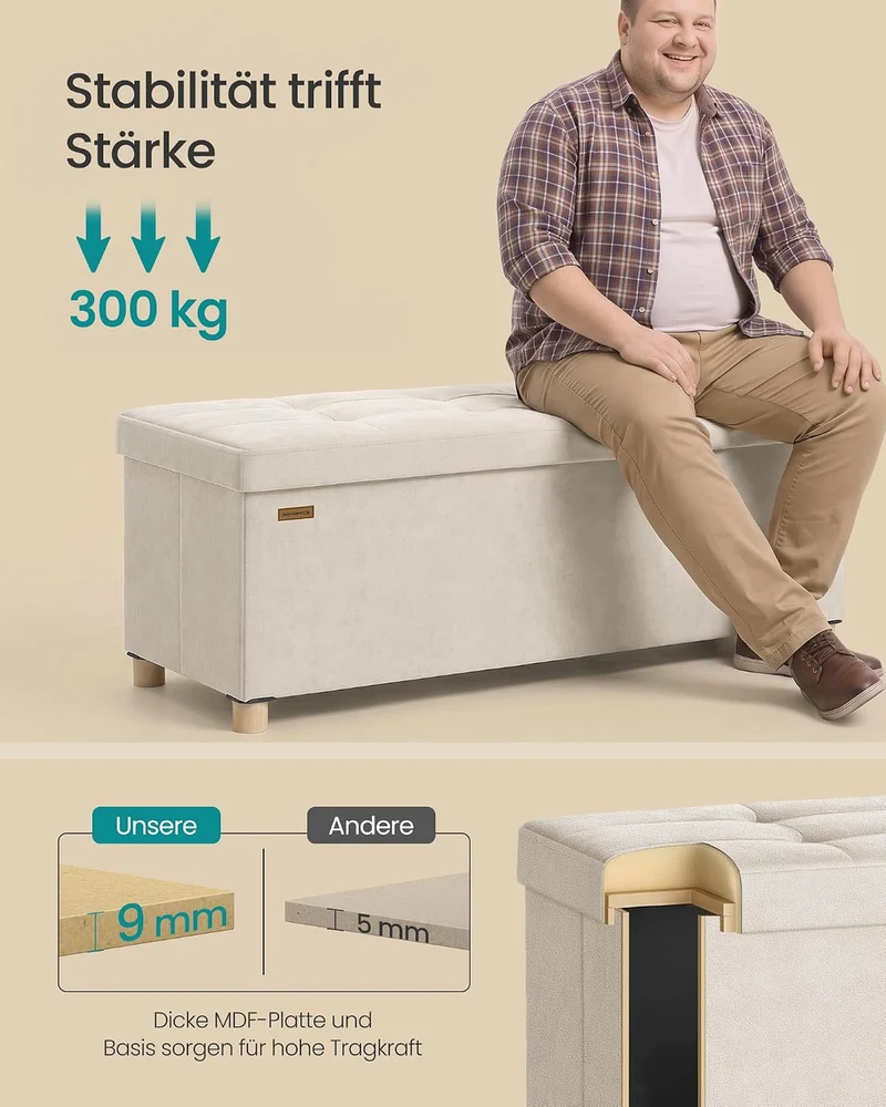 SONGMICS Sitzbank mit Stauraum, Hocker faltbar, 112 L, 38 x 110 x 40 cm Cremeweiss 38T x 110B x 40H