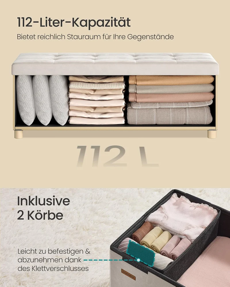 SONGMICS Sitzbank mit Stauraum, Hocker faltbar, 112 L, 38 x 110 x 40 cm Cremeweiss 38T x 110B x 40H
