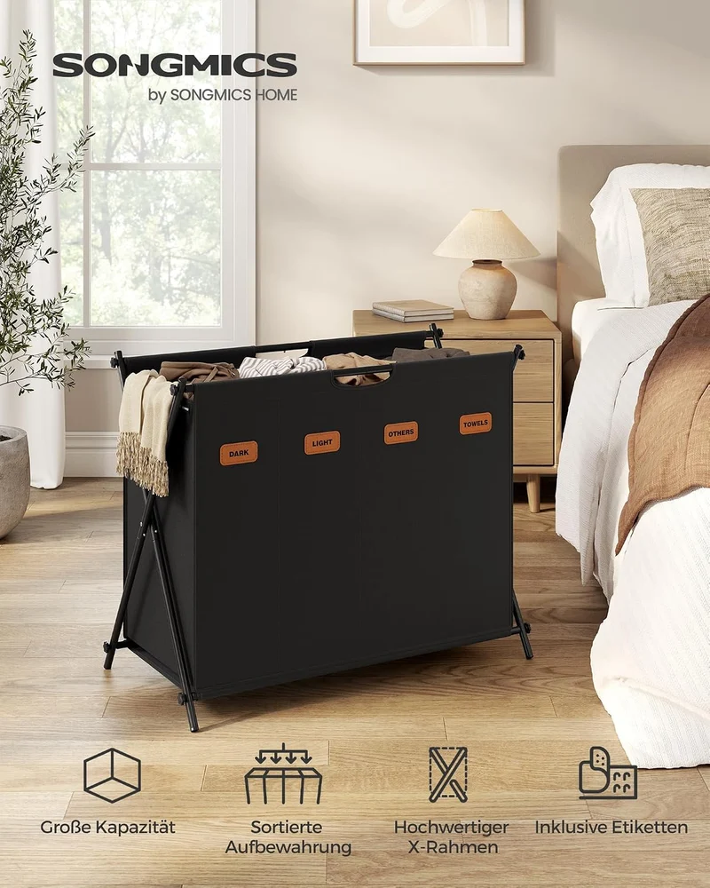 SONGMICS Wäschekorb, Wäschesammler 155 Liter, Wäschebox, 4 Fächer, klappbares X-Gestell, individuell