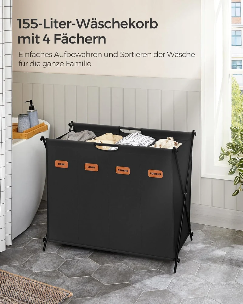 SONGMICS Wäschekorb, Wäschesammler 155 Liter, Wäschebox, 4 Fächer, klappbares X-Gestell, individuell