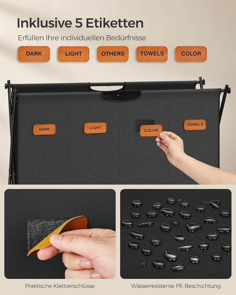 SONGMICS Wäschekorb, Wäschesammler 155 Liter, Wäschebox, 4 Fächer, klappbares X-Gestell, individuell
