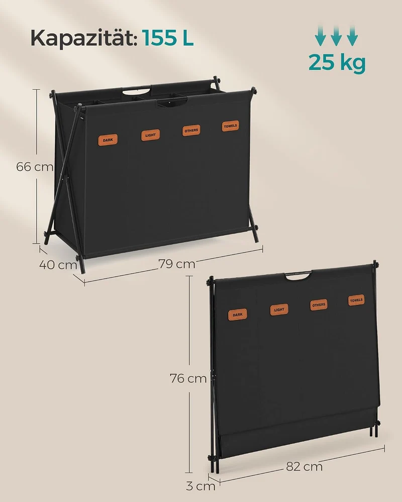 SONGMICS Wäschekorb, Wäschesammler 155 Liter, Wäschebox, 4 Fächer, klappbares X-Gestell, individuell