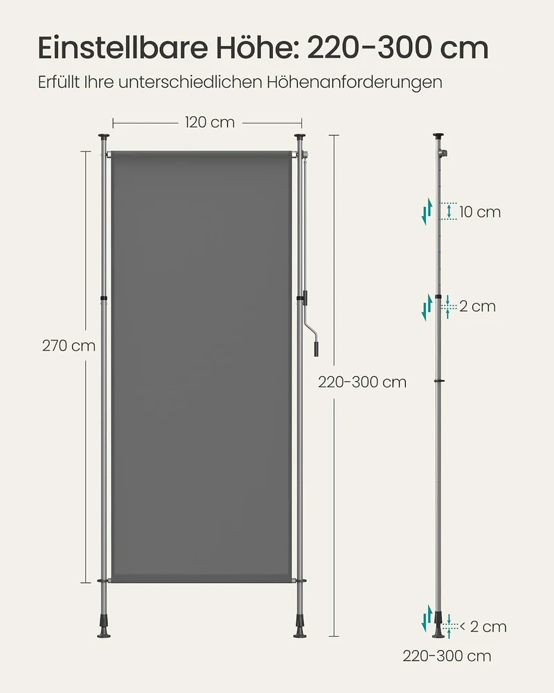 SONGMICS Senkrechtmarkise, höhenverstellbar, 120 x (220-300) cm 120W cm, 120W cm
