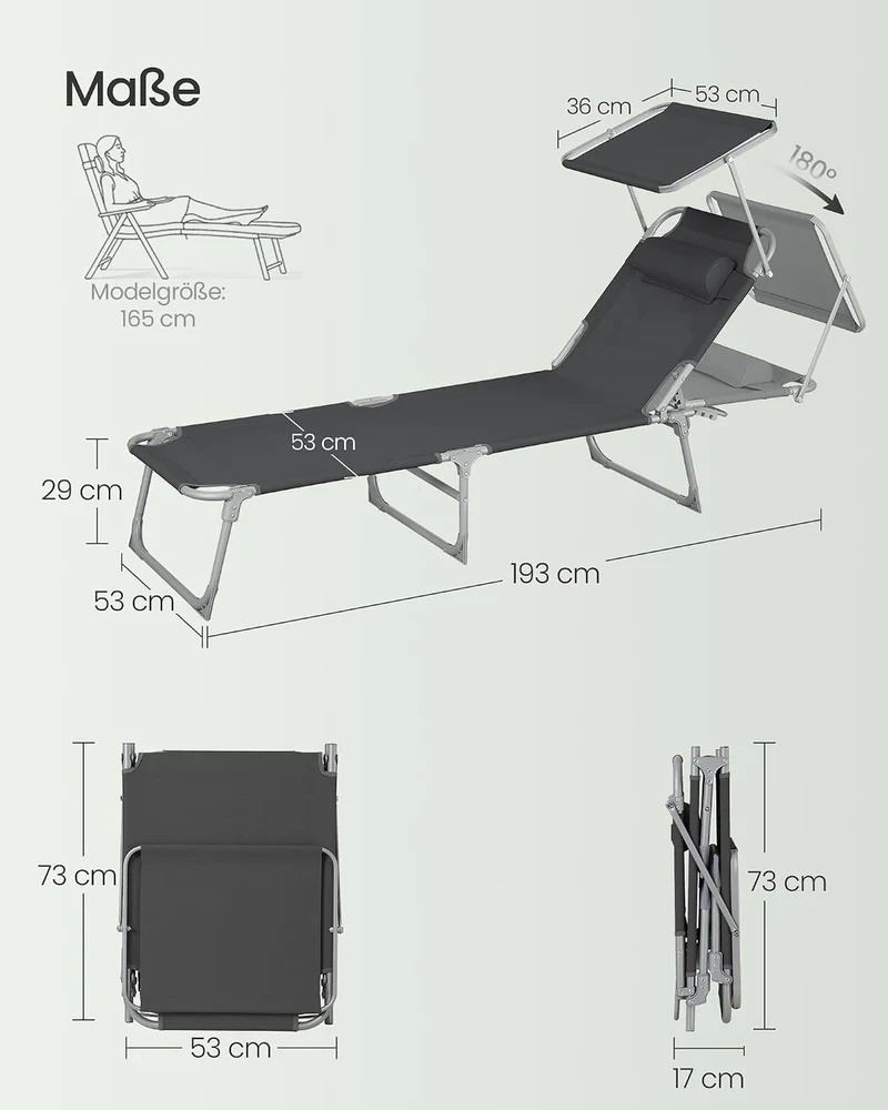 SONGMICS Sonnenliege, klappbarer Liegestuhl, 193 x 53 x 29 cm, trägt bis zu 150 kg, Sonnenschutz, Ko