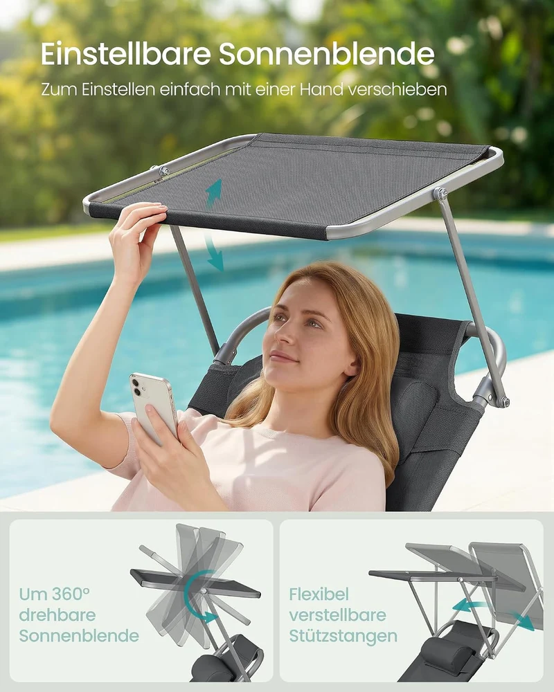 SONGMICS Sonnenliege, klappbarer Liegestuhl, 193 x 53 x 29 cm, trägt bis zu 150 kg, Sonnenschutz, Ko