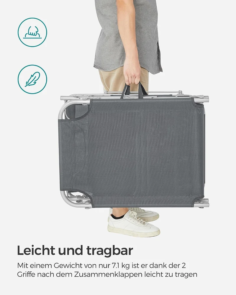 SONGMICS Sonnenliege, klappbarer Liegestuhl, 193 x 53 x 29 cm, trägt bis zu 150 kg, Sonnenschutz, Ko
