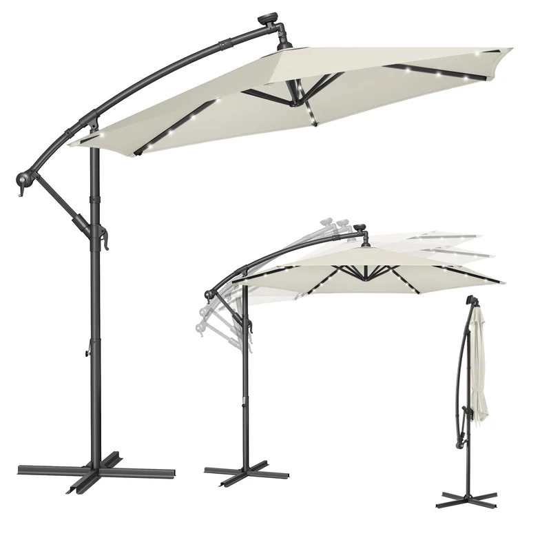 SONGMICS Sonnenschirm mit LED-Solar-Beleuchtung, 300 cm d, UPF 50+ Beige 300 cm, Beige 300 cm