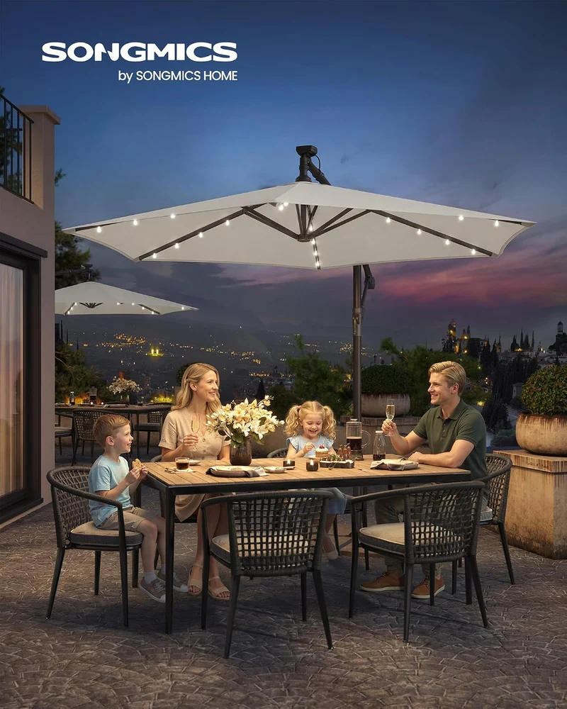 SONGMICS Sonnenschirm mit LED-Solar-Beleuchtung, 300 cm d, UPF 50+ Beige 300 cm, Beige 300 cm