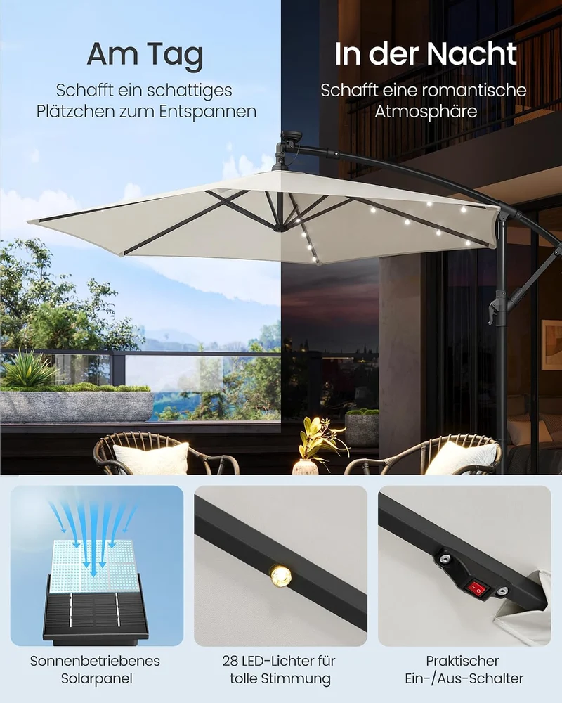 SONGMICS Sonnenschirm mit LED-Solar-Beleuchtung, 300 cm d, UPF 50+ Beige 300 cm, Beige 300 cm