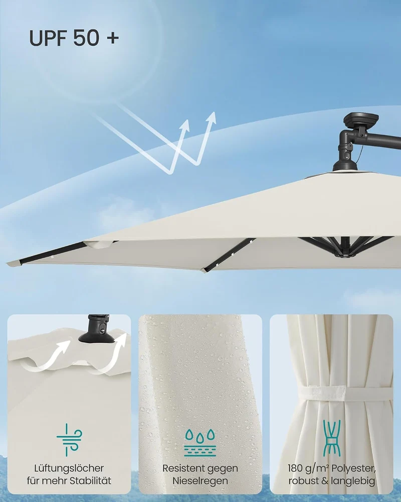 SONGMICS Sonnenschirm mit LED-Solar-Beleuchtung, 300 cm d, UPF 50+ Beige 300 cm, Beige 300 cm