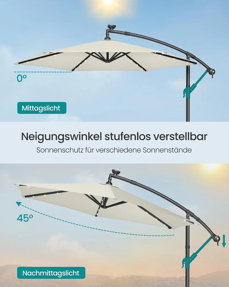 SONGMICS Sonnenschirm mit LED-Solar-Beleuchtung, 300 cm d, UPF 50+ Beige 300 cm, Beige 300 cm