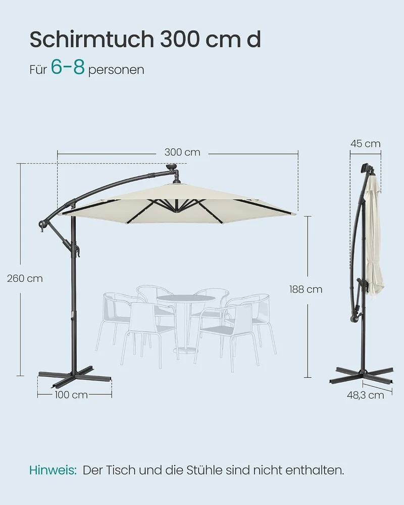 SONGMICS Sonnenschirm mit LED-Solar-Beleuchtung, 300 cm d, UPF 50+ Beige 300 cm, Beige 300 cm