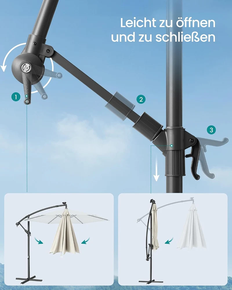 SONGMICS Sonnenschirm mit LED-Solar-Beleuchtung, 300 cm d, UPF 50+ Beige 300 cm, Beige 300 cm