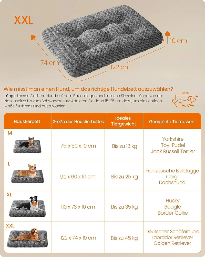 Feandrea Hundebett, 122 x 74 cm, weiche Polsterung, waschbar, rutschfest L 122 x B 74 x H 10 cm schi