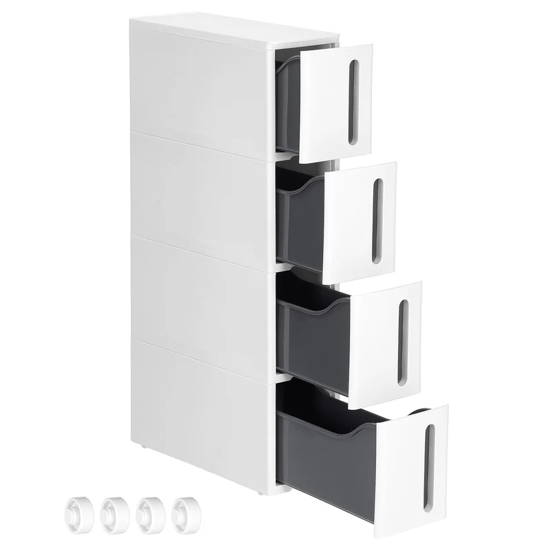 SONGMICS Nischenregal mit Rollen, 4 Schubladen, 17,3 x 45,2 x 84 cm Weiss + Grau, Weiss + Grau
