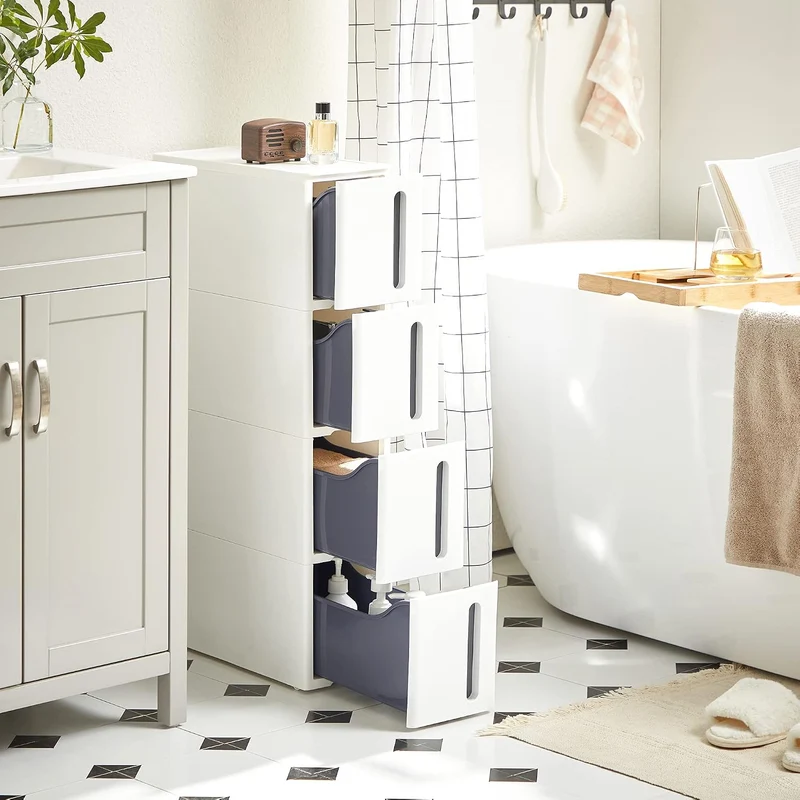 SONGMICS Nischenregal mit Rollen, 4 Schubladen, 17,3 x 45,2 x 84 cm Weiss + Grau, Weiss + Grau