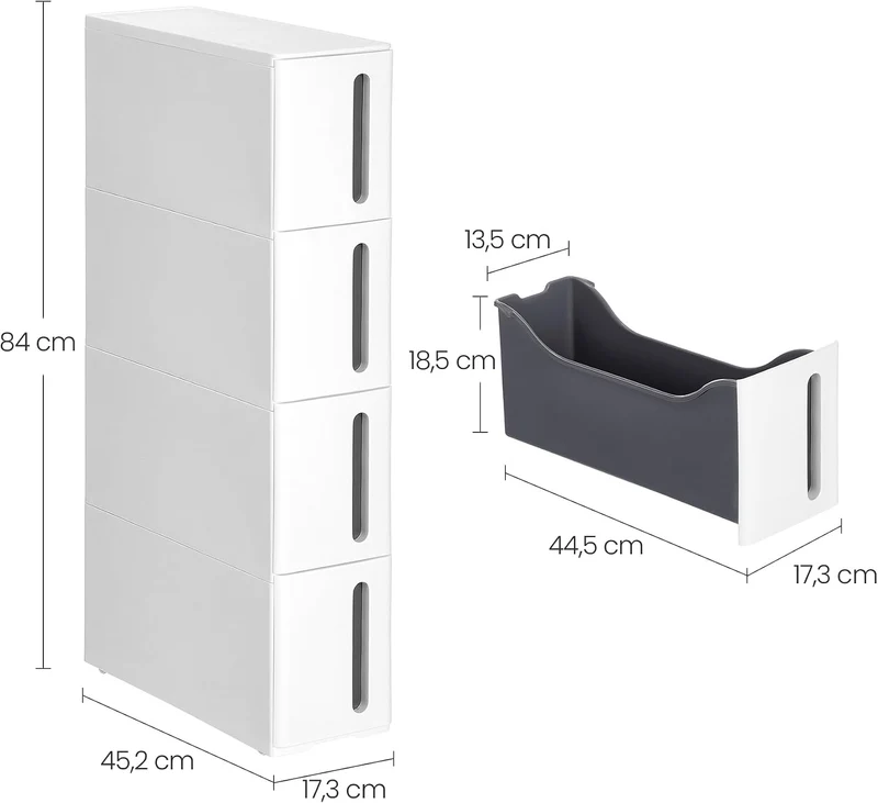 SONGMICS Nischenregal mit Rollen, 4 Schubladen, 17,3 x 45,2 x 84 cm Weiss + Grau, Weiss + Grau