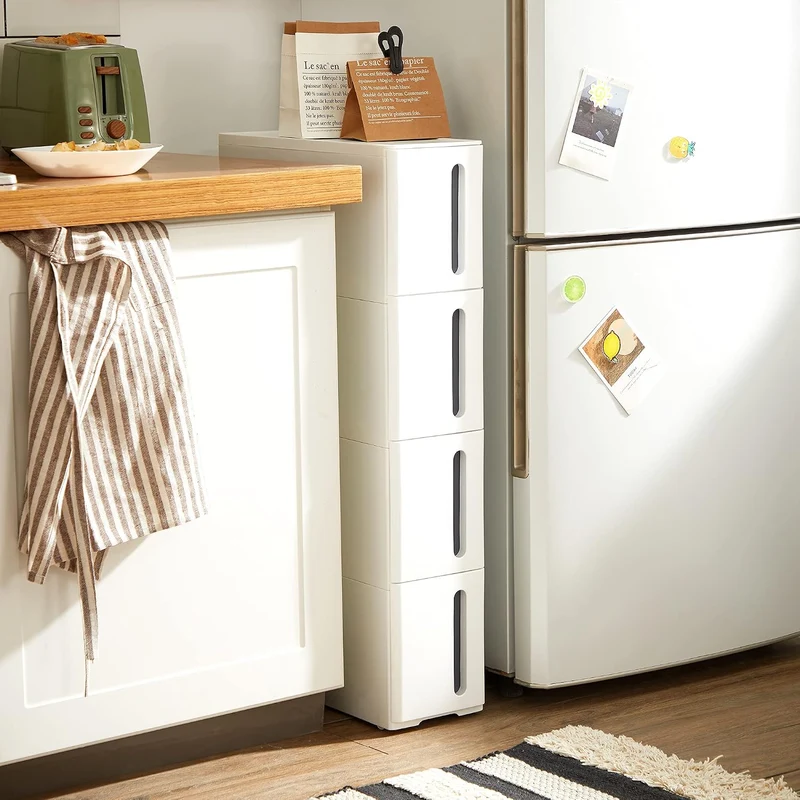 SONGMICS Nischenregal mit Rollen, 4 Schubladen, 17,3 x 45,2 x 84 cm Weiss + Grau, Weiss + Grau