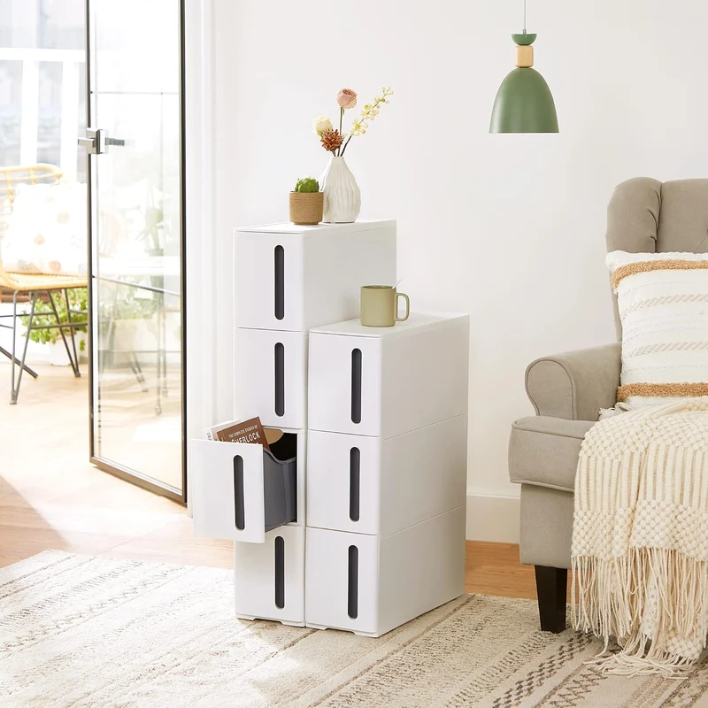 SONGMICS Nischenregal mit Rollen, 4 Schubladen, 17,3 x 45,2 x 84 cm Weiss + Grau, Weiss + Grau