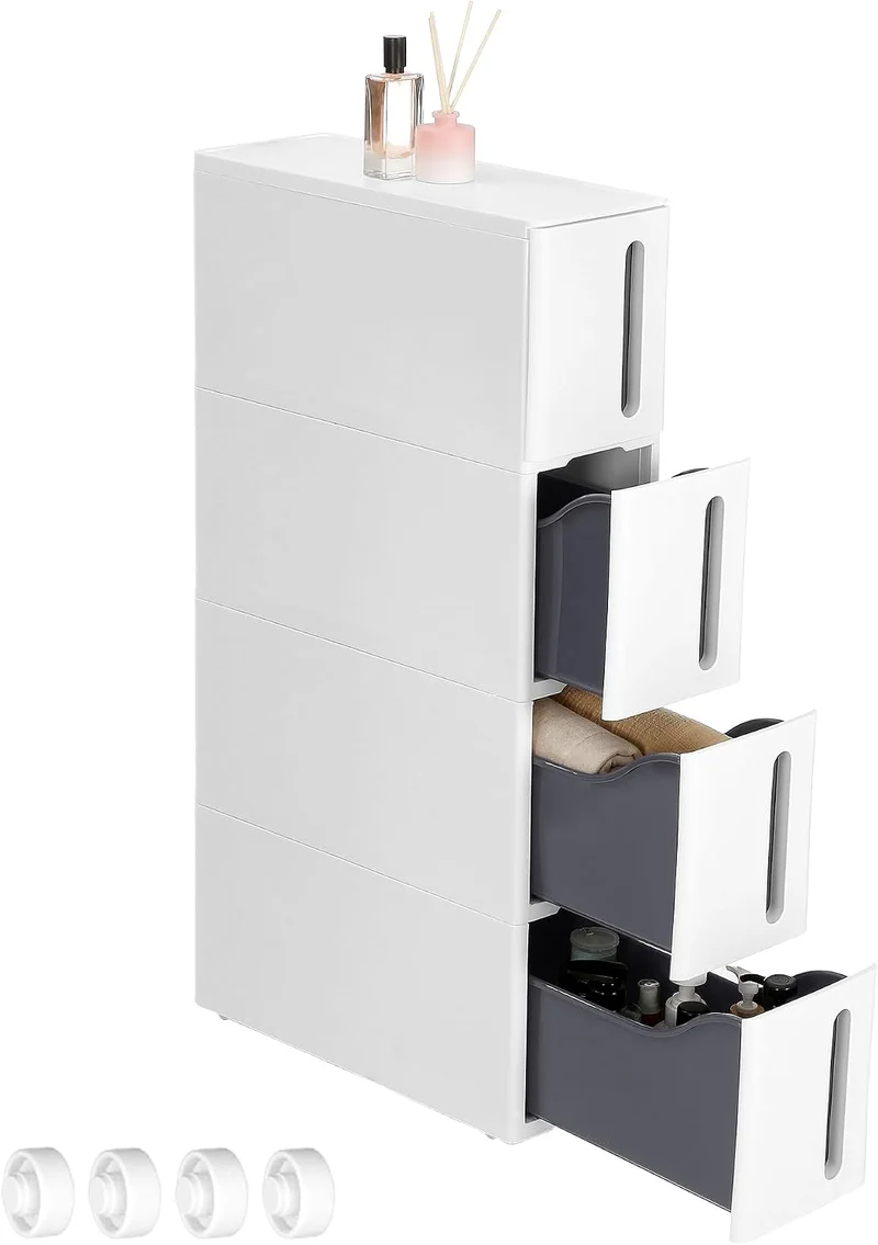 SONGMICS Nischenregal mit Rollen, 4 Schubladen, 17,3 x 45,2 x 84 cm Weiss + Grau, Weiss + Grau