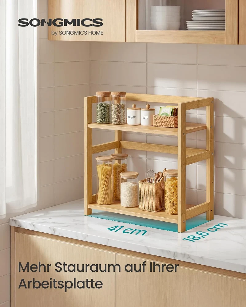 SONGMICS Gewürzregal mit 2 Ebenen, Küchenregal, Bambusgestell Naturbeige, Naturbeige