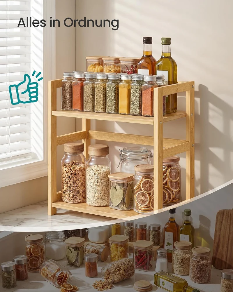 SONGMICS Gewürzregal mit 2 Ebenen, Küchenregal, Bambusgestell Naturbeige, Naturbeige