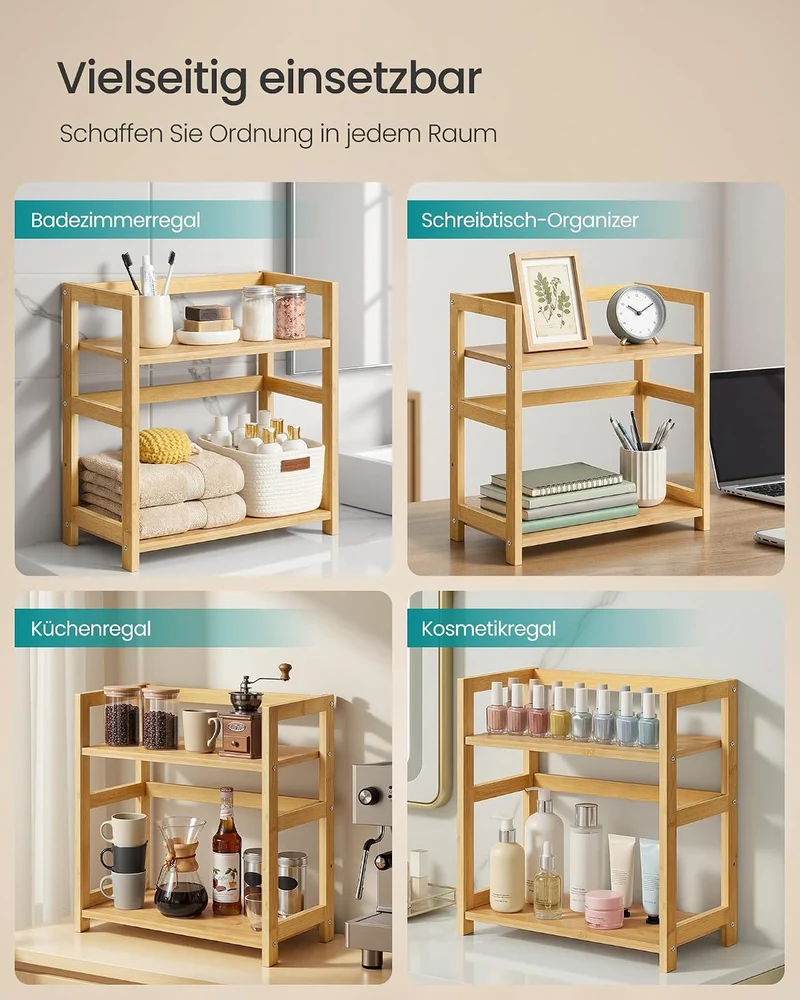 SONGMICS Gewürzregal mit 2 Ebenen, Küchenregal, Bambusgestell Naturbeige, Naturbeige