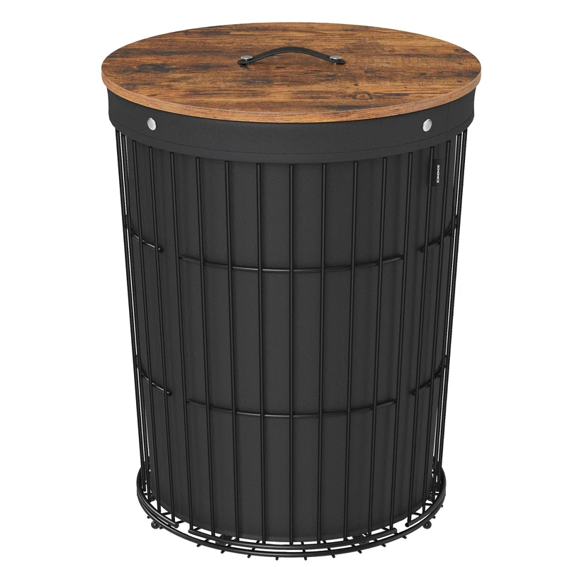 SONGMICS Wäschekorb mit Deckel, Wäschesammler rund, 95 L, Beistelltisch Tintenschwarz, Tintenschwarz