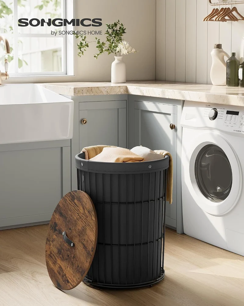 SONGMICS Wäschekorb mit Deckel, Wäschesammler rund, 95 L, Beistelltisch Tintenschwarz, Tintenschwarz
