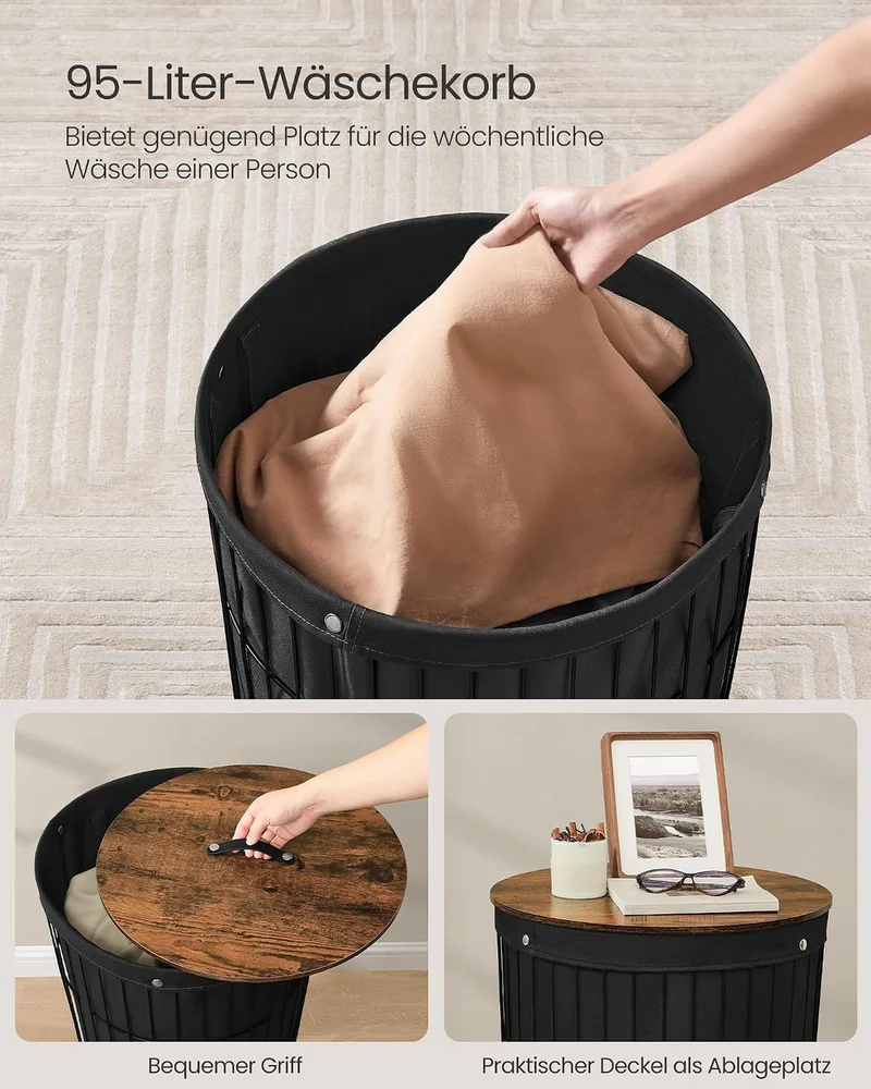 SONGMICS Wäschekorb mit Deckel, Wäschesammler rund, 95 L, Beistelltisch Tintenschwarz, Tintenschwarz
