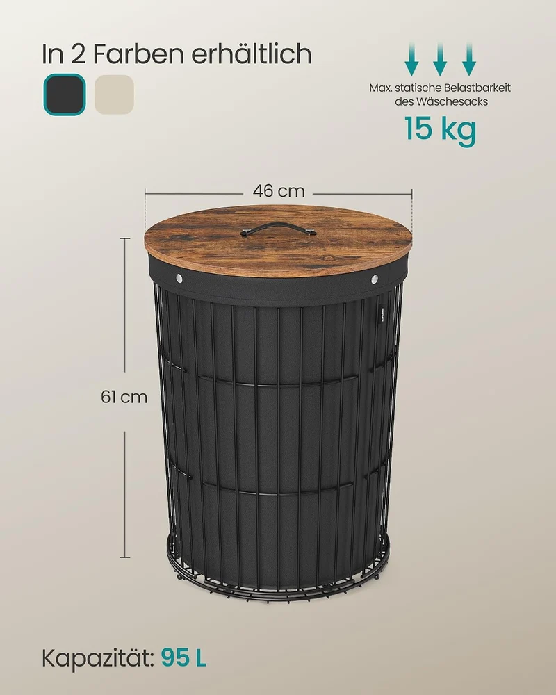 SONGMICS Wäschekorb mit Deckel, Wäschesammler rund, 95 L, Beistelltisch Tintenschwarz, Tintenschwarz