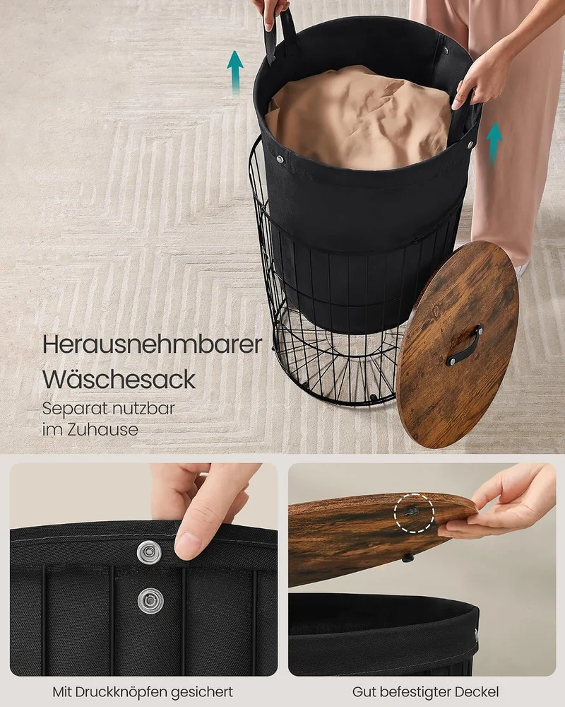 SONGMICS Wäschekorb mit Deckel, Wäschesammler rund, 95 L, Beistelltisch Tintenschwarz, Tintenschwarz