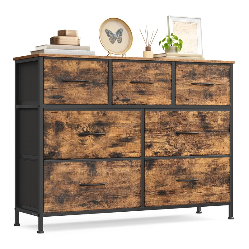 SONGMICS Kommode, Aufbewahrungsschrank, 7 Schubladen, Stahl Vintagebraun + Tintenschwarz 7 Schublade
