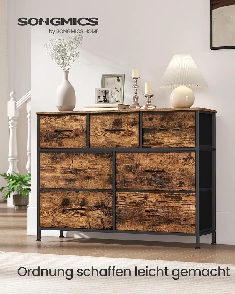SONGMICS Kommode, Aufbewahrungsschrank, 7 Schubladen, Stahl Vintagebraun + Tintenschwarz 7 Schublade