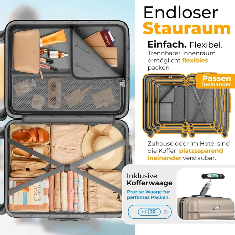 KESSER® Reisekoffer Mittlerer Hartschalen-Koffer Inkl. Kofferwaage + Gepäckanhänger Trolley Gepäck R